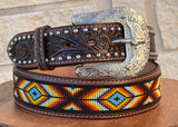 Brown Hand-Tooled Leather Artesanal Tabs With Silver Studs Brown & Yellow Beaded Belt
