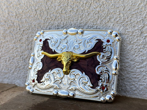Brown and Silver Plated Buckle With Gold Longhorn
