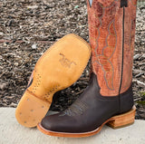 Mens Brown Pull Leather Boots With Orange Shaft