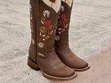 Women’s Brown Leather Boots With Floral Shaft- Rodeo Toe