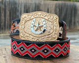 Hand-Tooled Artesanal Tabs With Red and Black Beaded Leather Belt