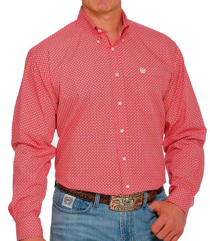 Men’s Cinch Red and White Geometric Print Long Sleeve Shirt