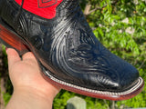 Men’s Black Hand-Tooled Leather Boots With Red Shaft
