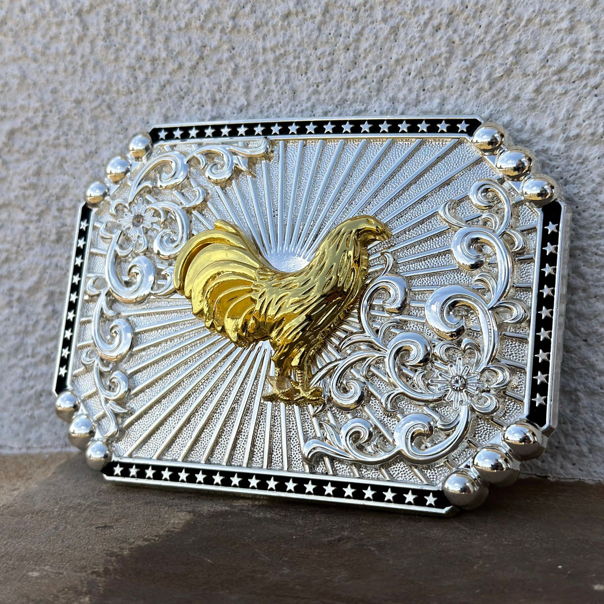 Silver Plated Buckle With Gold Rooster – Texas Boot Ranch