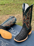 Men’s Black Matte Python Leather Boots With Navy Blue Shaft