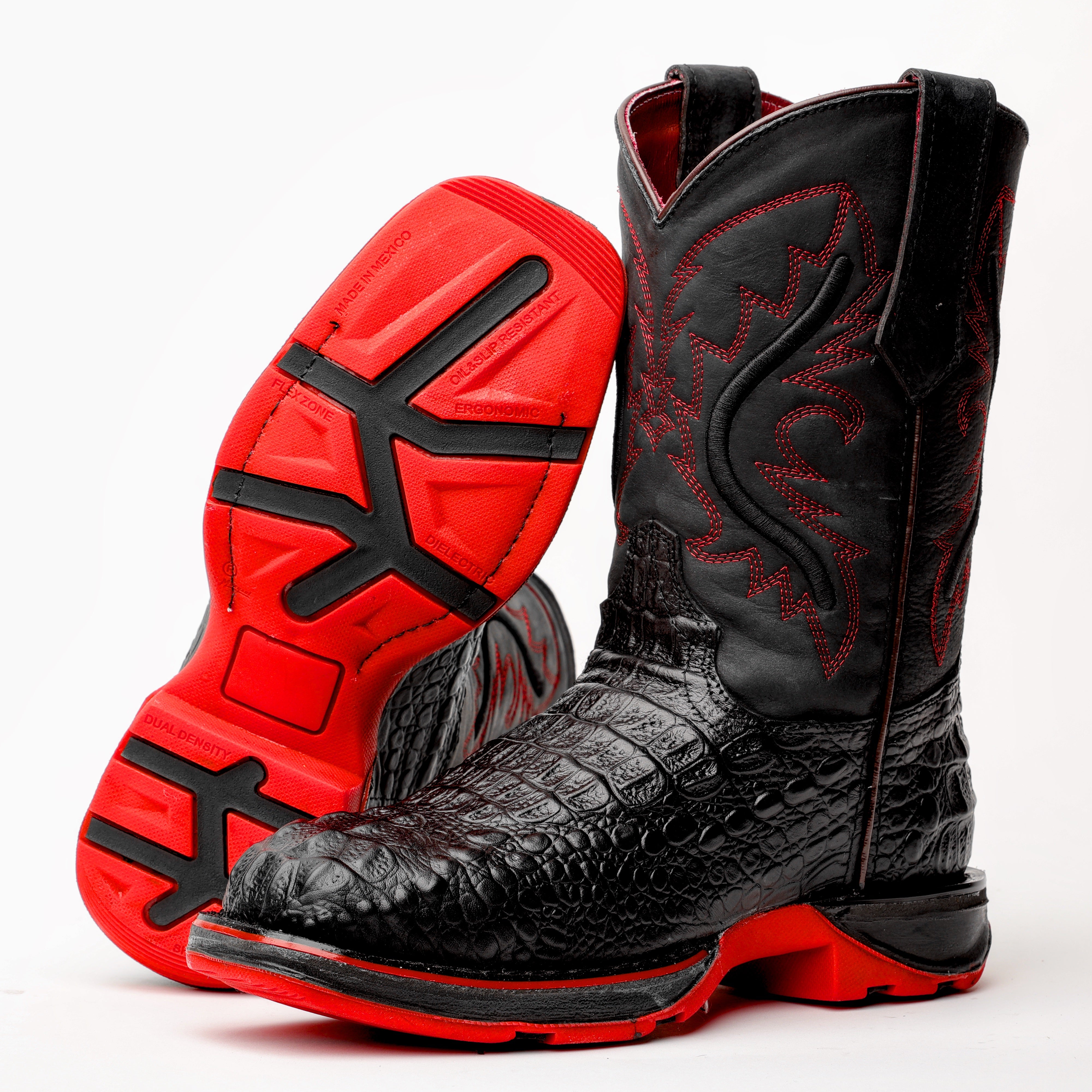 Black Caiman Neck Leather Boots With 3D Lightweight Sole