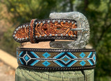 Tan Hand-Tooled Artesanal Tabs With Silver Studs. Multi Color Beaded Leather Belt.
