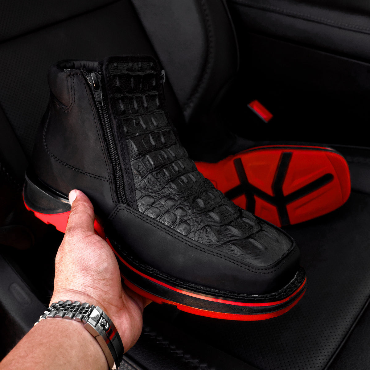 Black Caiman Neck Leather Botin With 3D Lightweight Soles - Square Toe ...