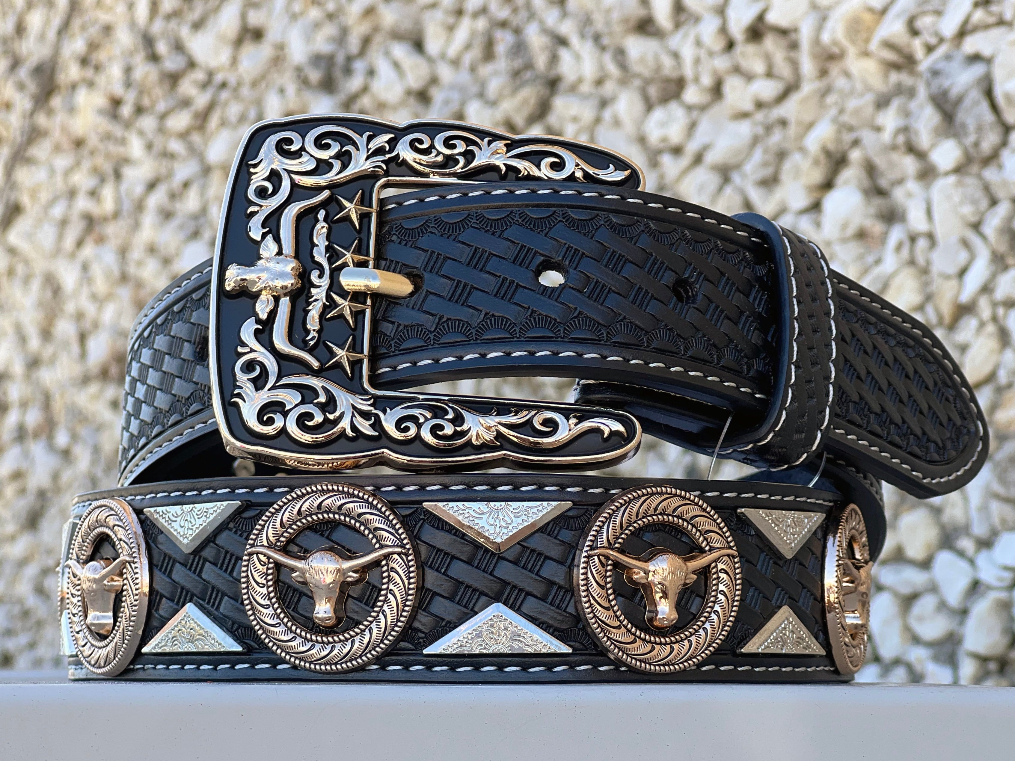 Men Women Longhorn Buckle Gold Black Sheriff Star Concho Hardware buying Gun Second Amendment Gun Rights Stitches Super Thicken Strap Tooled Belt