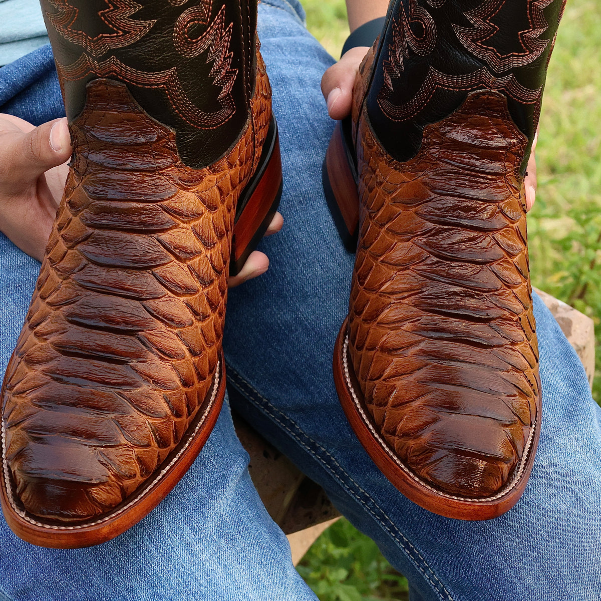 Cognac Jumbo Python Leather Boots — Round Toe – Texas Boot Ranch