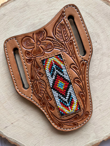 Honey Hand-Tooled With White, Black and Red Beaded Knife Sheath