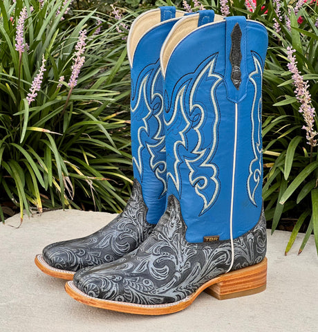 Mens Blue Jean Hand Tooled Leather Boots With Blue Shaft