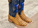 Men’s Butter Color Crocodile Horn-Back Leather Boots With Blue Shaft