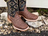 Men’s Rustic Brown Caiman Back Leather Boots With Black Shaft