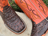 Men’s Dark Brown Crocodile Leather Boots With Orange Shaft