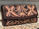 Brown With A Tan Floral Hand-Tooled Wallet