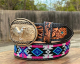 Hand-Tooled Artesanal Tabs With Pink and Blue  Beaded Leather Belt