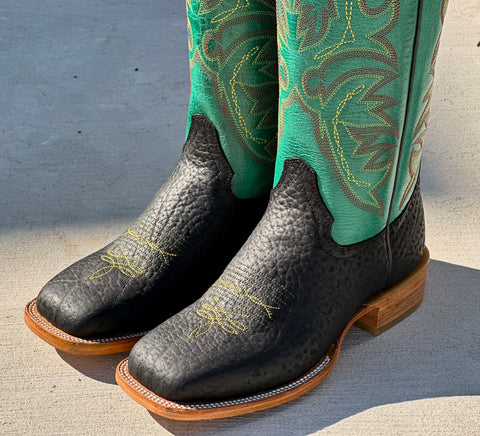 Mens Black Bull Hide Leather Boots With Green Shaft