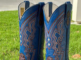 Mens Brown Hand-Tooled Leather Boots With Blue Shaft