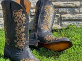 Women’s Black Leather Boots With Gold Floral Embroidery