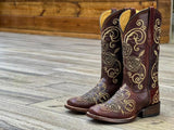 Women’s Wine Leather Boots With Roses -Gold Glitter Inlay