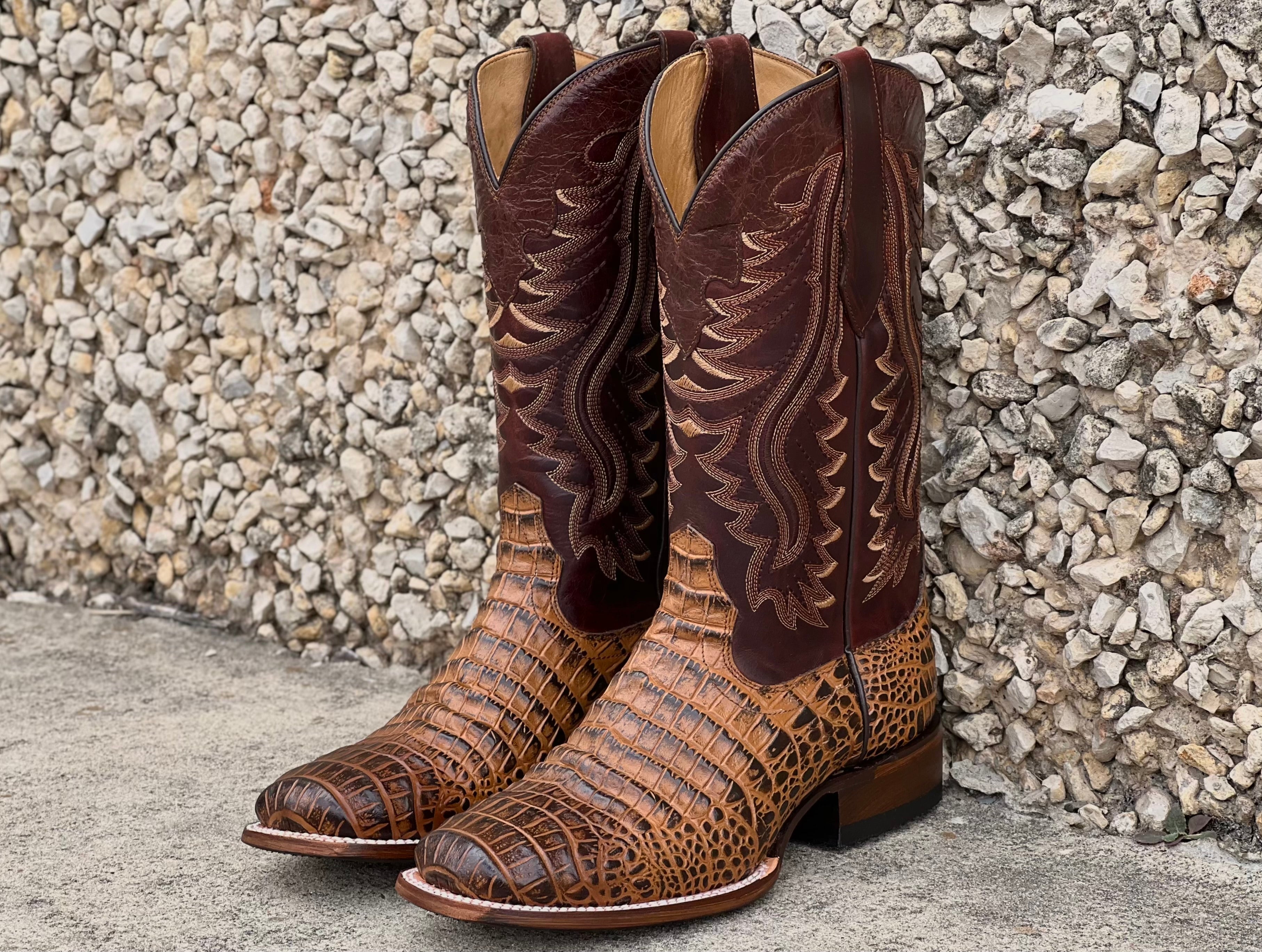 Men s Honey Ombre Caiman Belly Leather Boots With Brown Shaft