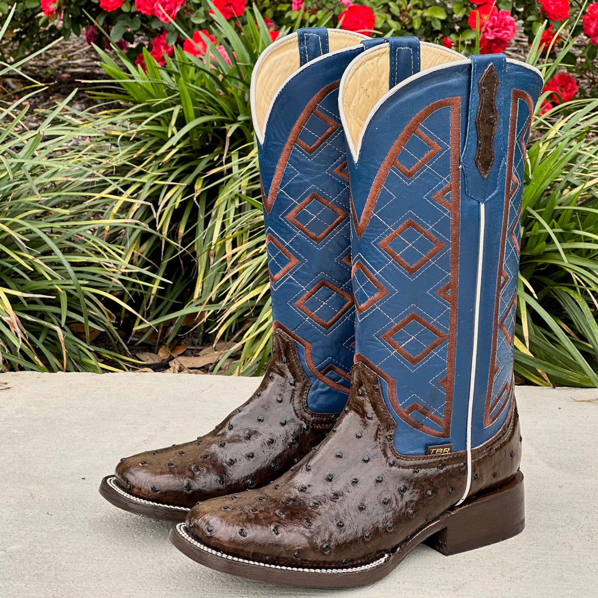 Mens Brown Ostrich Leather Boots With Blue Shaft – Texas Boot Ranch