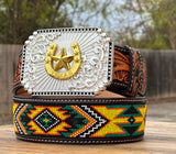 Hand-Tooled Artesanal Tabs With  Yellow and Green  Beaded Leather Belt