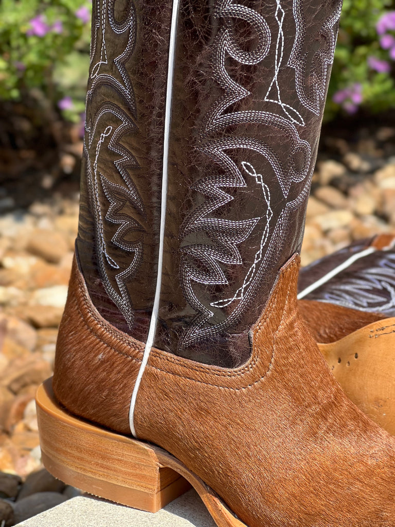 Men's Brown Cowhide Hair Leather Boots With Dark Brown Shaft