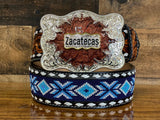 Hand-Tooled Artesanal Tabs With Black, White and Blue Beaded Leather Belt ( Read Description Before Ordering)