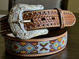 Honey Hand-Tooled Artesanal Tabs With Silver Studs Beaded Leather Belt