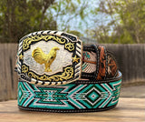 Hand-Tooled Artesanal Tabs With Mint Green, White and Black  Beaded Leather Belt ( Read Description Before Ordering)