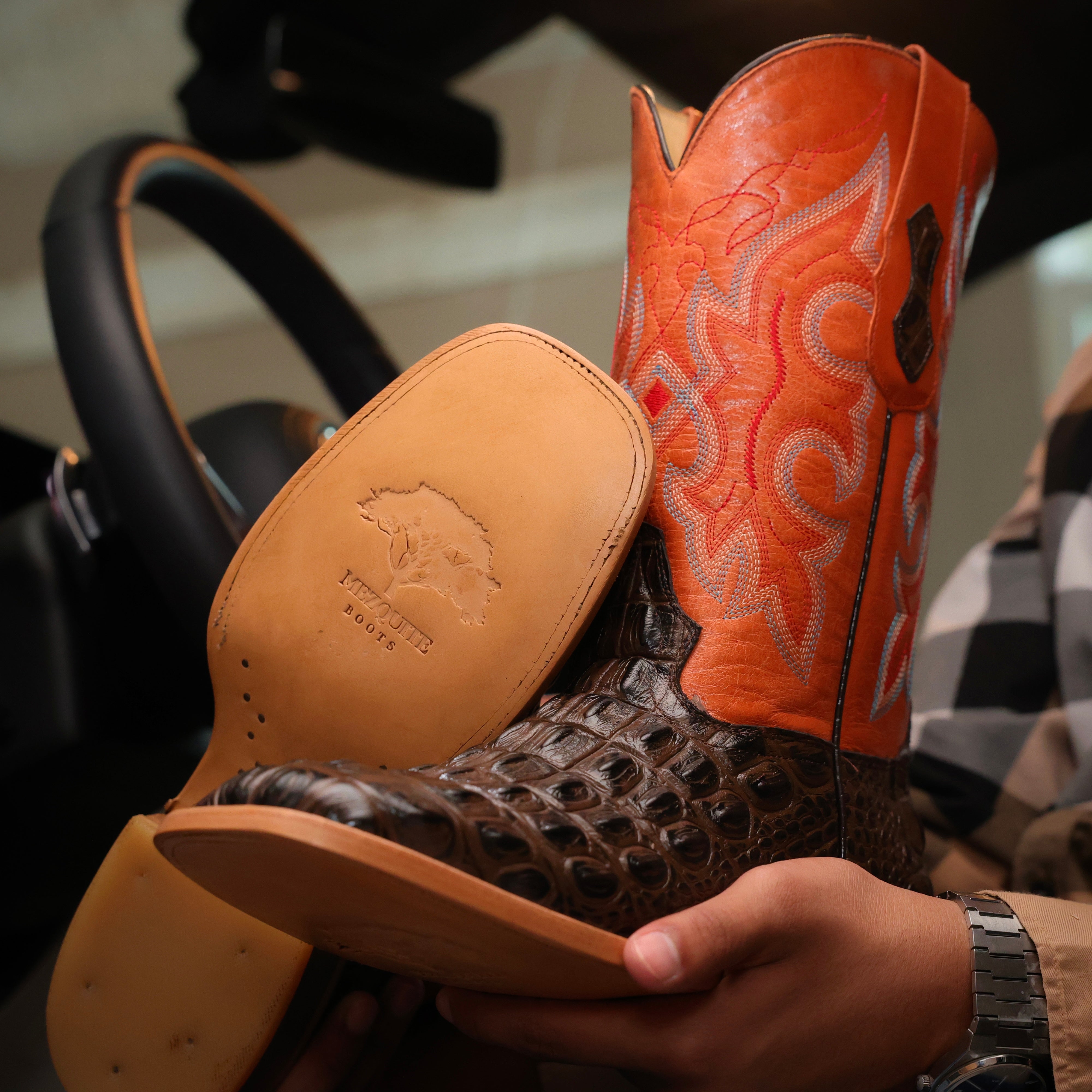 Chocolate Brown Caiman Back Leather Boots Square Toe Texas Boot Ranch