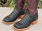 Mens Black Matte Python Leather Boots With Black Shaft
