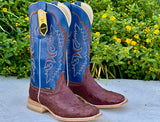 Men’s Chocolate Brown Ostrich Leather Boots With Blue Shaft