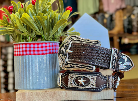 Men’s Brown And Black Leather Belt With Star Concho