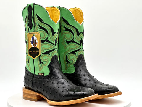 Mens Black Ostrich Leather Boots With Green Shaft