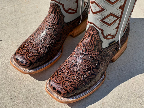 Men’s Brown Hand-Tooled Leather Boots With Gray Shaft