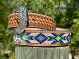 Tan Artesanal Tabs With Silver Studs. Multi Color Beaded Leather Belt.