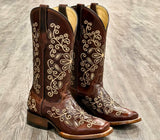 Women’s Wine Leather Boots With Gold Floral Inlay