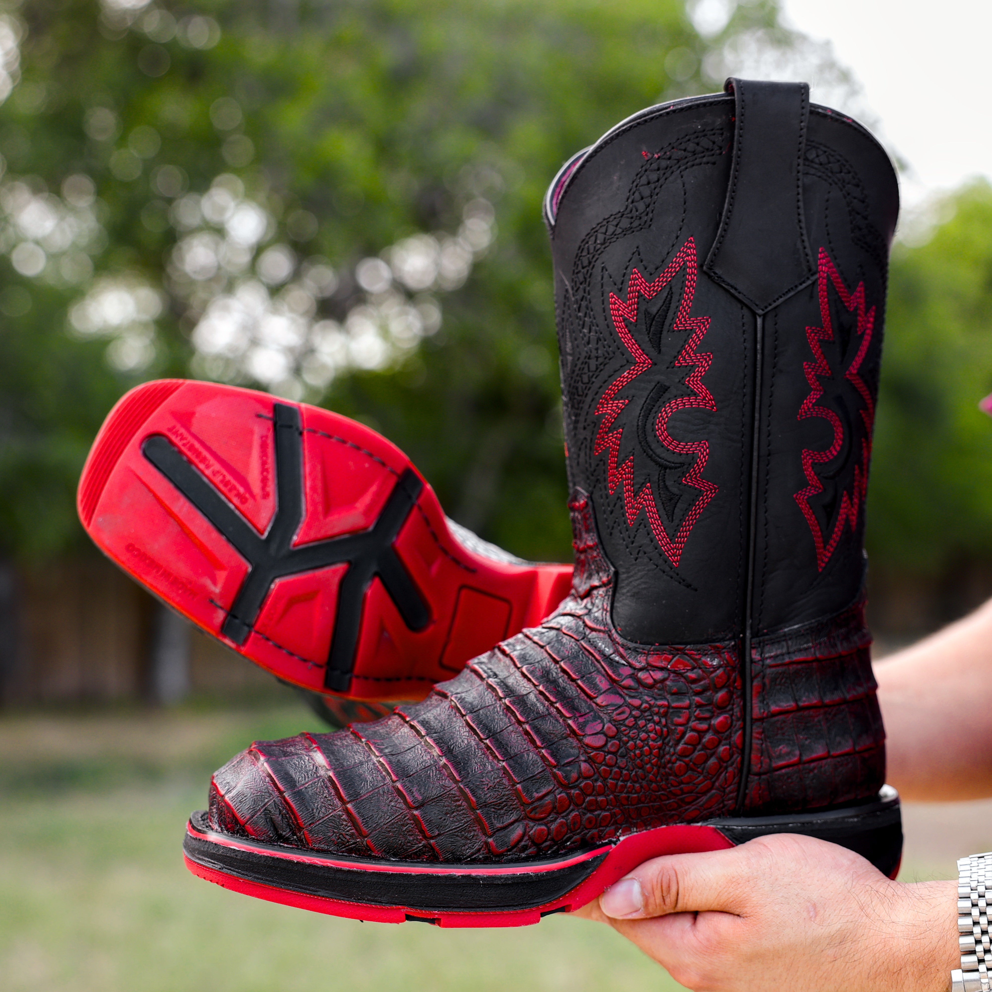 BLACK ＆Cherry Black Cherry Caiman Belly Leather Boots With 3D Lightweight Sole