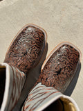 Men’s Brown Hand-Tooled Leather Boots With Gray Shaft