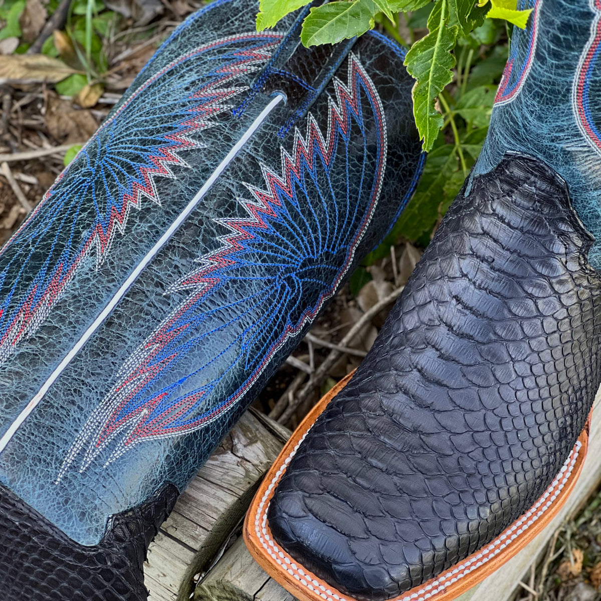 Menโs Genuine Black Python Boots With Dark Blue Shaft โ Texas Boot Ranch