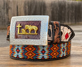 Hand-Tooled Artesanal Tabs With Multicolor Aztec Beaded Leather Belt ( Read Description Before Ordering)