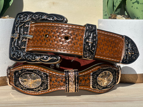 Men’s Honey Leather Belt With Longhorn Concho