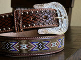 Brown Hand-Tooled Artesanal Tabs With Silver Studs Brown Tan Beaded Leather Belt