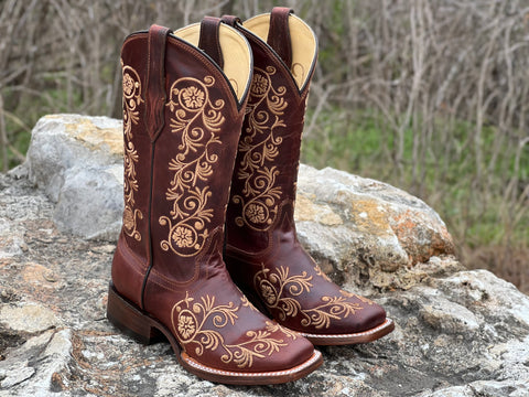 Women’s Wine Leather Boots With Honey Embroidered