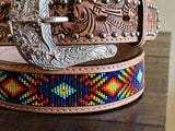 Honey Hand-Tooled Artesanal Tabs With Silver Studs Colorful Beaded Leather Belt