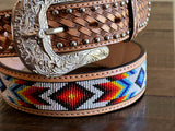 Honey Hand-Tooled Artesanal Tabs With Silver Studs With White and Red/Blue Beaded Leather Belt