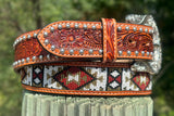 Cognac Hand-Tooled Artesanal Tabs With Silver Studs. Black, white, wine and gold Beaded Leather Belt.